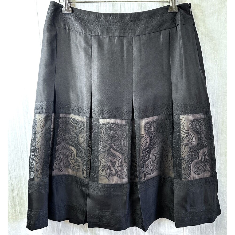 ETCETERA Black Pleated Sheer Lace Panel A-line !00% Silk Skirt Sz 8